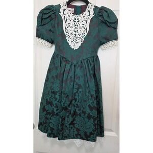 VTG Jessica McClintock Y2k Bridal Dress Girls 6 Green Damask Lace‎ Holiday Party